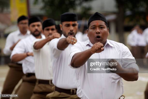 Rashtriya Swayamsevak Sangh volunteers participate in an annual event, in Guwahati, Assam, India on Sunday, April 3, 2022. The Rashtriya Swayamsevak...