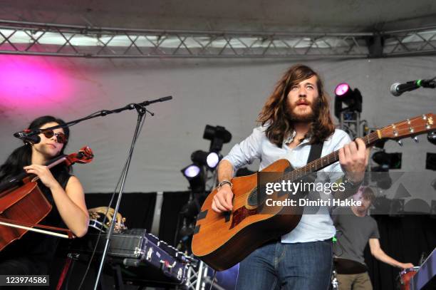 Jenny Hsu and Jesse Tabish of Other Lives perform on stage at Lowlands Festival on August 21, 2011 in Biddinghuizen, Netherlands.