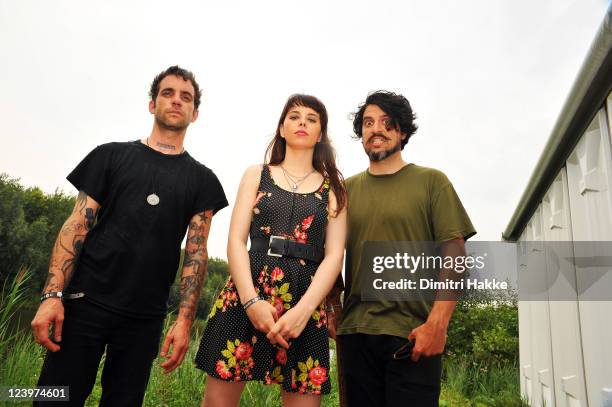 Gabe Serbian, Teri Gender Bender and Jonathan Hischke of Le Butcherettes pose backstage at Lowlands Festival on August 21, 2011 in Biddinghuizen,...