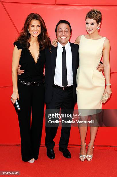 Actress Monica Barladeanu, director Fabrizio Cattani and actress Andrea Osvart attends the "Eco Da Luogo Colpito" & "Maternity Blues" Premiere during...