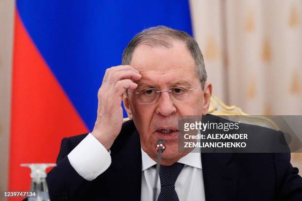 Russian Foreign Minister Sergei Lavrov attends a press conference following talks of representatives of the Arab League states with Russian Foreign...