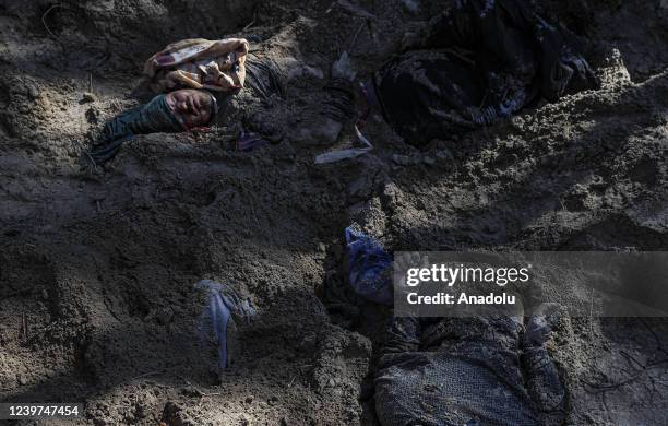 Partially covered bodies of village head Olga Sukhenko and members of her family found after they were buried in a shallow grave in woodland area as...