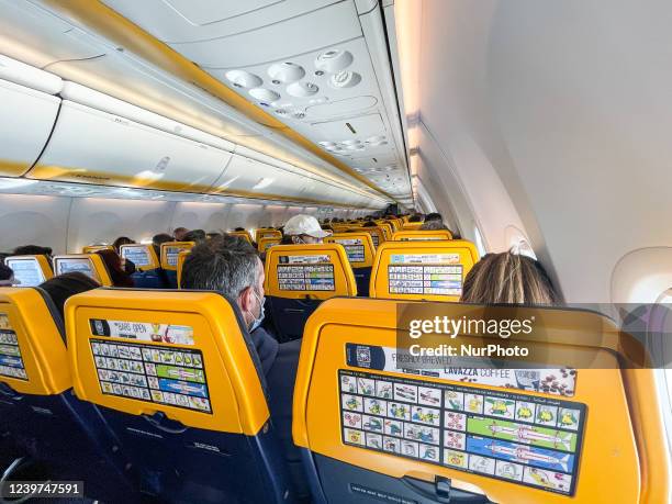 Interior view of the Boeing 737-800 of Ryanair in Lisbon Airport, in Lisbon, Portugal, on April 4, 2022 directed to Rome Ciampino Airport