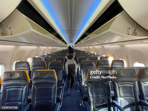 Interior view of the Boeing 737-800 of Ryanair in Lisbon Airport, in Lisbon, Portugal, on April 4, 2022 directed to Rome Ciampino Airport