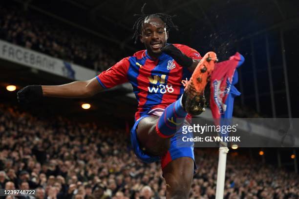 Crystal Palace's French-born striker Jean-Philippe Mateta celebrates scoring the opening goal during the English Premier League football match...