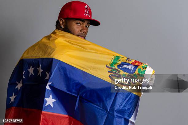 Luis Rengifo of the Los Angeles Angels poses for a photo during the Los Angeles Angels Photo Day at Tempe Diablo Stadium on Wednesday, March 16, 2022...