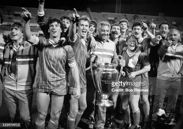 Liverpool celebrate victory in the European Cup Final over Roma at the Olympic Stadium in Rome on 30th May, 1984. Liverpool won 4-2 on penalties...