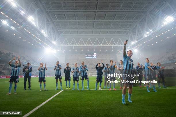 Victor Edvardsen of Djurgardens IF and teammates celebrate their 3-1 victory during an Allsvenskan match between Djurgardens IF and Degerfors IF at...