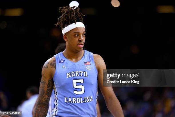 Armando Bacot of the North Carolina Tar Heels looks on against the Duke Blue Devils during the 2022 NCAA Men's Basketball Tournament Final Four...