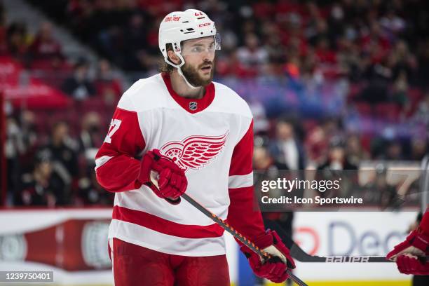 Detroit Red Wings Center Michael Rasmussen before a face-off during third period National Hockey League action between the Detroit Red Wings and...