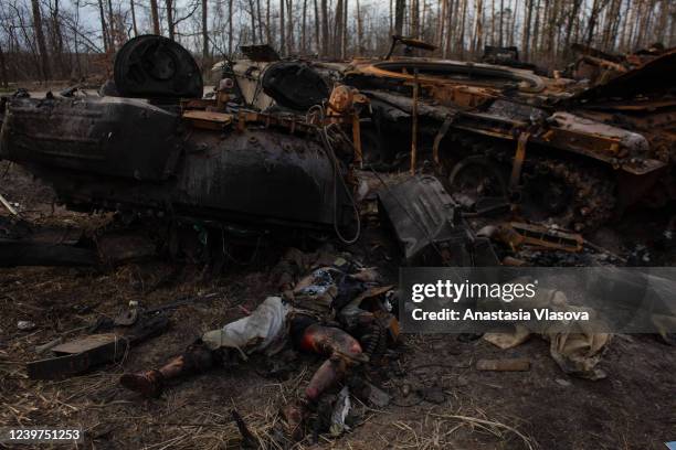 View of the dead Russian soldier on April 4, 2022 in Dmytriivka, Ukraine. The Ukrainian government has accused Russian forces of committing a...