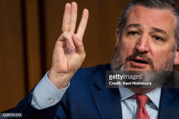 Sen. Ted Cruz gestures while speaking during a Senate Judiciary Committee business meeting to vote on the nomination of Judge Ketanji Brown Jackson...