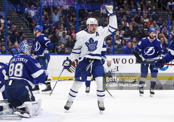 Auston Matthews of the Toronto Maple Leafs celebrates a goal against the Tampa Bay Lightning during the second period at Amalie Arena on April 4,...