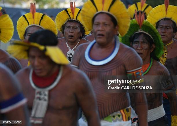 Men from the Kayapo tribe perform a ceremony on the first day of the Terra Livre Indigenous Camp, in Brasilia on April 4, 2022. - The 10-day annual...