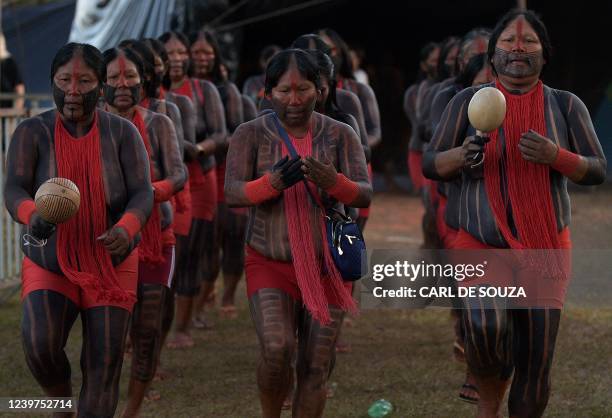 Women from the Kayapo tribe perform a ceremony on the first day of the Terra Livre Indigenous Camp, in Brasilia on April 4, 2022. - The 10-day annual...