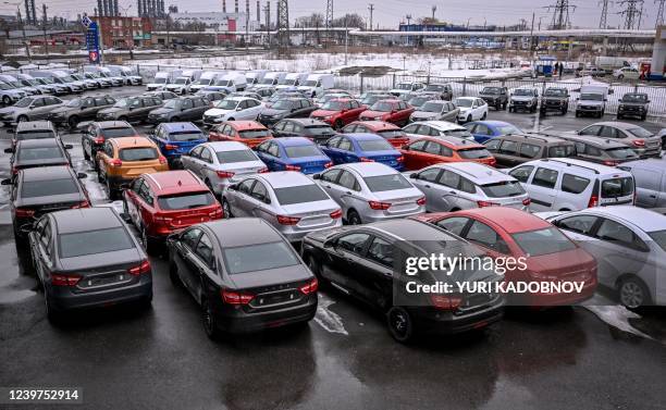 Lada automobiles stand at the parking lot of a Lada car dealership in Tolyatti, also known as Togliatti, on April 1, 2022. For generations the...