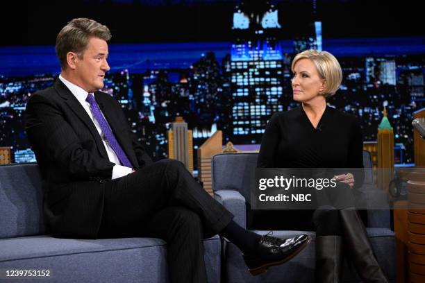 Episode 1629 -- Pictured: Political commentators Joe Scarborough and Mika Brzezinski during an interview on Monday, April 4, 2022 --