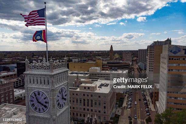 An aerial view of downtown Jackson, Mississippi on March 24, 2022. Every morning, 180 students at a school in Jackson, Mississippi have to board a...