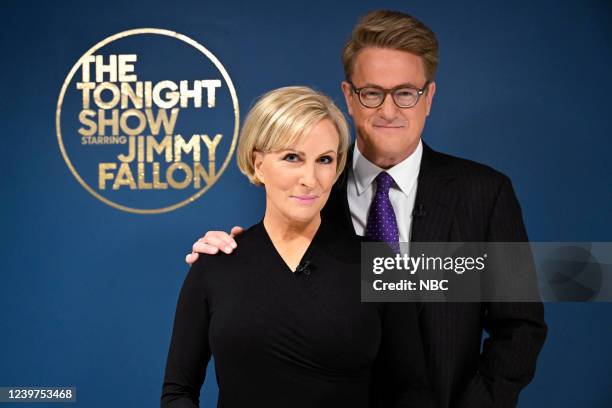 Episode 1629 -- Pictured: Political commentators Joe Scarborough and Mika Brzezinski pose backstage on Monday, April 4, 2022 --