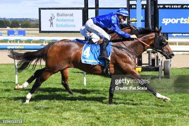 Golden Mile ridden by Jordan Childs wins the Ballarat Antenna Solutions 2YO Maiden Plate at Sportsbet-Ballarat Racecourse on April 05, 2022 in...