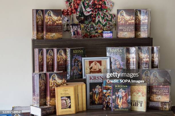 Copies of Bhagavad Gita, the sacred text of the Hindus on a bookshelf at Hare Krishna Consciousness Nakuru Centre. Hare Krishna Consciousness,...