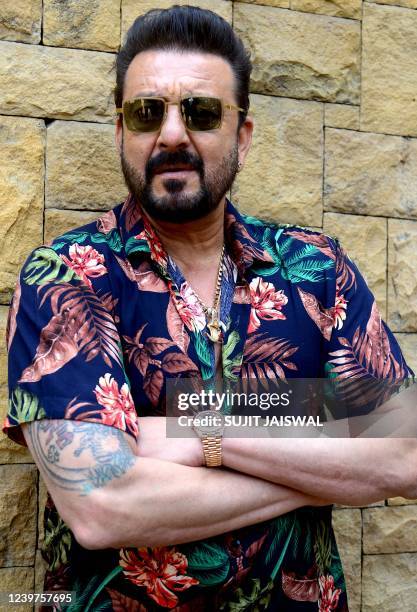 Bollywood actor Sanjay Dutt poses for pictures during the promotion of his upcoming film K.G.F: Chapter 2 in Mumbai on April 5, 2022.