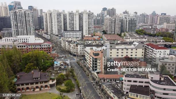 An aerial view of a residential area is seen during the second stage of a pandemic lockdown in Jing' an district in Shanghai on April 5, 2022.