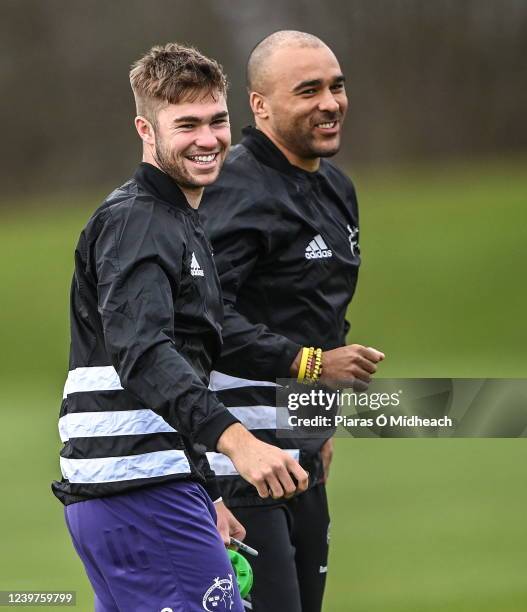 Limerick , Ireland - 5 April 2022; Jack Crowley, left, and Simon Zebo during Munster rugby squad training at University of Limerick in Limerick.