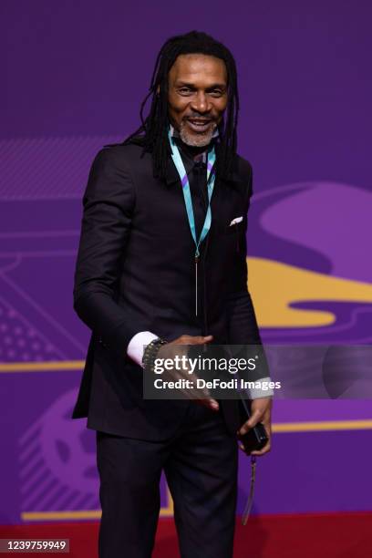 Rigobert Song, Head Coach of Cameroon arrives prior to the FIFA World Cup Qatar 2022 Final Draw at the Doha Exhibition Center on April 01, 2022 in...