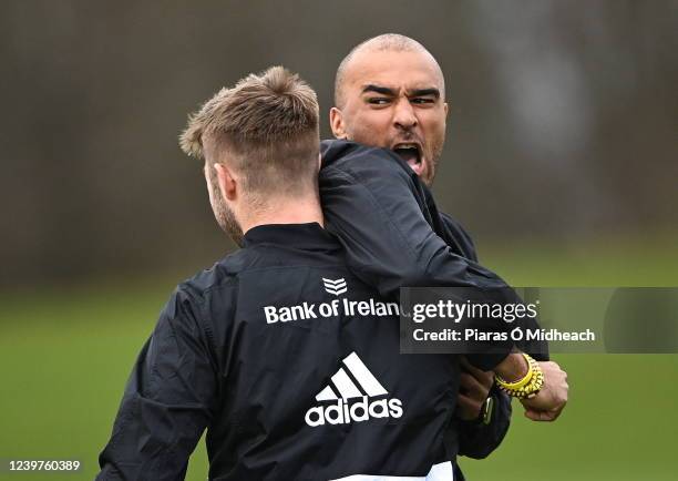 Limerick , Ireland - 5 April 2022; Simon Zebo with Jack Crowley during Munster rugby squad training at University of Limerick in Limerick.