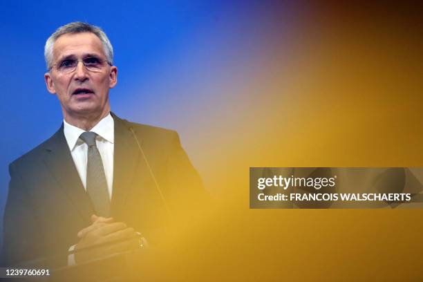 General Secretary Jens Stoltenberg speaks during a press conference to present the next North Atlantic Council Ministers of Foreign Affairs meeting,...