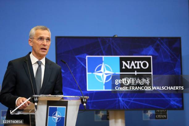 General Secretary Jens Stoltenberg speaks during a press conference to present the next North Atlantic Council Ministers of Foreign Affairs meeting,...