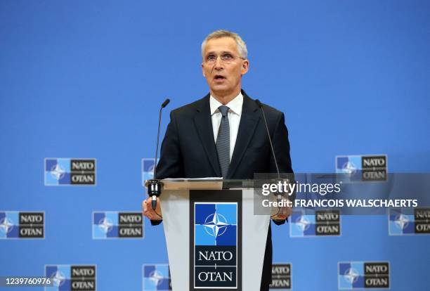 General Secretary Jens Stoltenberg speaks during a press conference to present the next North Atlantic Council Ministers of Foreign Affairs meeting,...