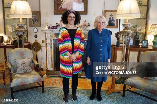 Britain's Camilla, Duchess of Cornwall meets with Booker Prize winner and British writter Bernardine Evaristo, at Clarence House, in London, on April...