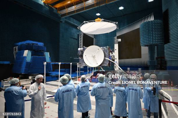 Photograph shows the European spacecraft JUICE in a clean room at the ESA headquarters in Toulouse, southwestern France, on 5 April, 2022. - The...