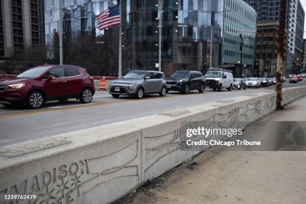 Stars and stripes decorate the overpass on Madison Avenue over the Kennedy Expressway on March 31 in Chicago. The overpass is one of the last...