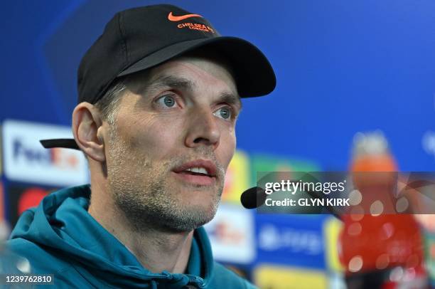 Chelsea's German head coach Thomas Tuchel speaks during a press conference at the Stamford Bridge stadium, in London, on April 5, 2022 on the eve of...