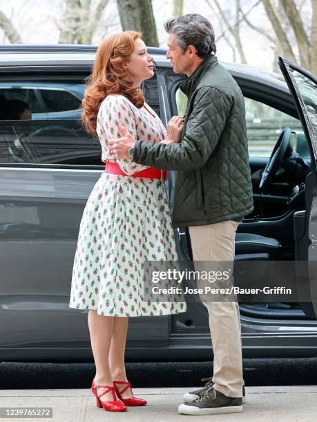 Amy Adams and Patrick Dempsey are seen on the movie set of the 'Disenchanted' in Uptown, Manhattan on April 05, 2022 in New York City.