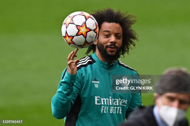 Real Madrid's Brazilian defender Marcelo takes part in a training session at Stamford Bridge in London on April 5 on the eve of the of their UEFA...