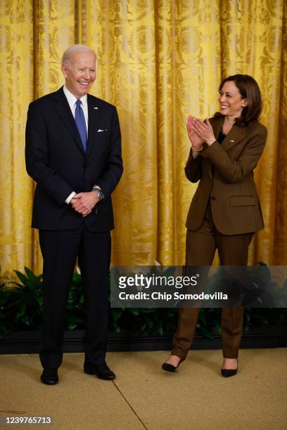 President Joe Biden and Vice President Kamala attend an event to mark the 2010 passage of the Affordable Care Act in the East Room of the White House...