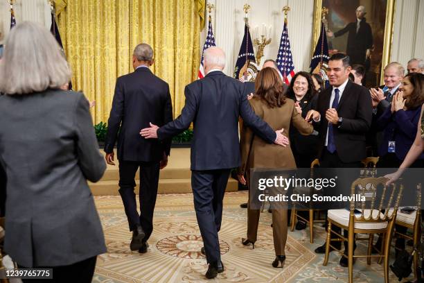 Former President Barack Obama, U.S. President Joe Biden and Vice President Kamala Harris arrive for an event to mark the 2010 passage of the...