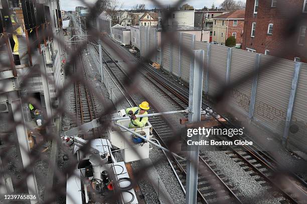 Construction at the Ball Square T station is underway in Somerville, MA on April 1, 2022