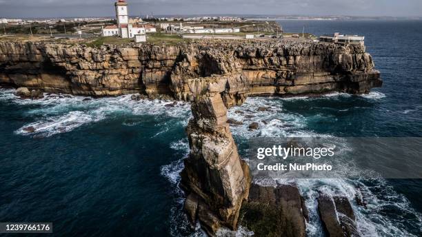 Drone view of the Cabo Carvoeiro, Peniche, Portugal, on March 30, 2022. Cabo Carvoeiro is cape which lies on the Atlantic coast, along the...