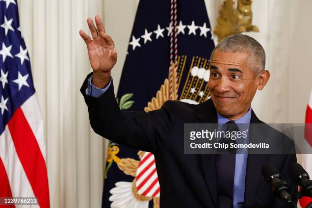Former President Barack Obama speaks during an event to mark the 2010 passage of the Affordable Care Act in the East Room of the White House on April...