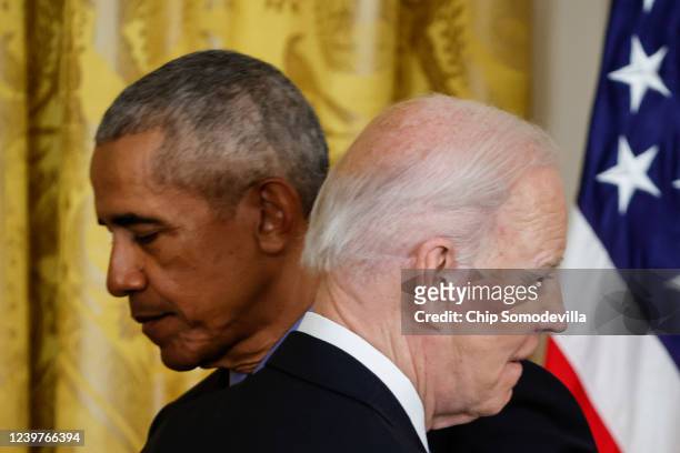 Former President Barack Obama and U.S. President Joe Biden attend an event to mark the 2010 passage of the Affordable Care Act in the East Room of...