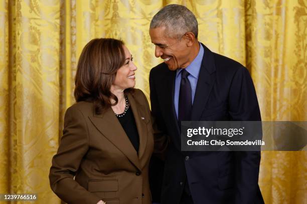 Vice President Kamala Harris and Former President Barack Obama attend an event to mark the 2010 passage of the Affordable Care Act in the East Room...