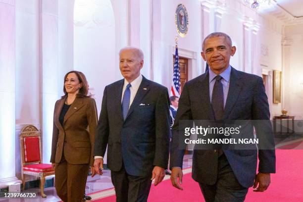 Vice President Kamala Harris, US President Joe Biden, and former President Barack Obama arrive to deliver remarks on the Affordable Care Act and...