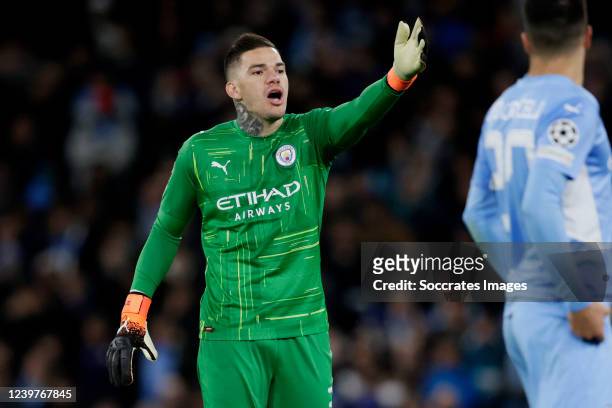 Ederson of Manchester City during the UEFA Champions League match between Manchester City v Atletico Madrid at the Etihad Stadium on April 5, 2022 in...