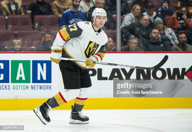 Vegas Golden Knights defenseman Ben Hutton skates up ice during their NHL game against the Vancouver Canucks at Rogers Arena on April 3, 2022 in...
