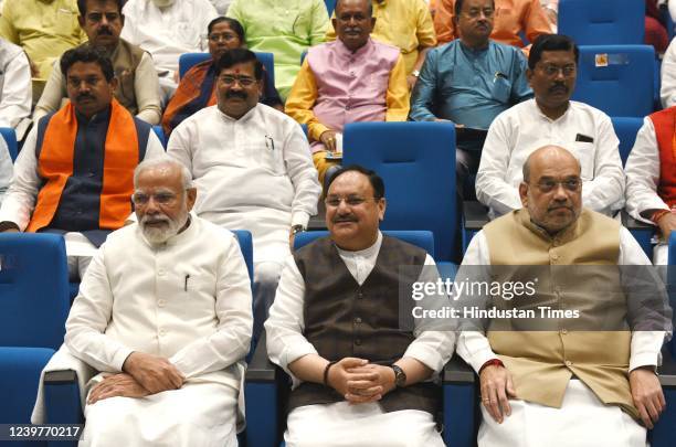 Prime Minister Narendra Modi, BJP President J P Nadda and Home Minister Amit Shah during Bharatiya Janata Party Parliamentary party meeting at Dr...